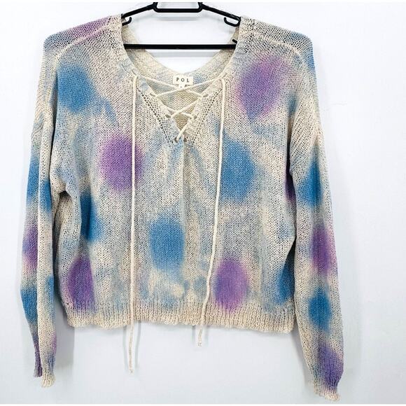 Anthropologie POL Crop Sweater Womens Large Knit Tie Dye Lace Up Blue Purple - Picture 1 of 10